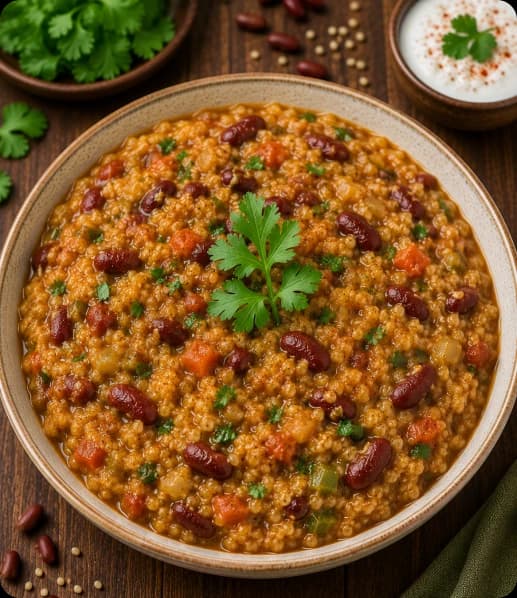 Bowl of Daliya Rajma Khichdi with cracked wheat, kidney beans, and vegetables