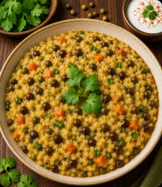 Bowl of Kalachana Khichdi with rice, lentils, and black chickpeas