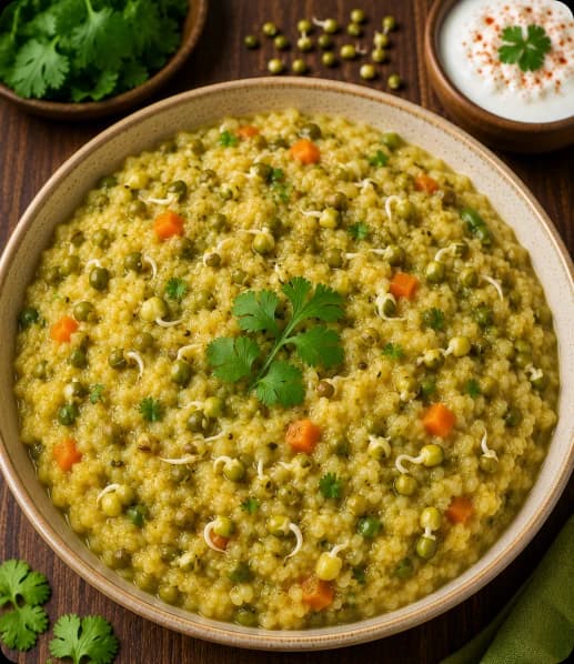 Bowl of Moong Sprouts Khichdi with rice, lentils, and fresh moong sprouts