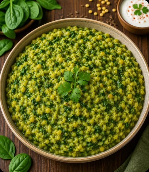 Bowl of Palak Khichdi with rice, lentils, and fresh spinach