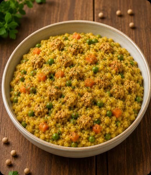 Bowl of Soya Khichdi with rice, lentils, vegetables, and soya granules