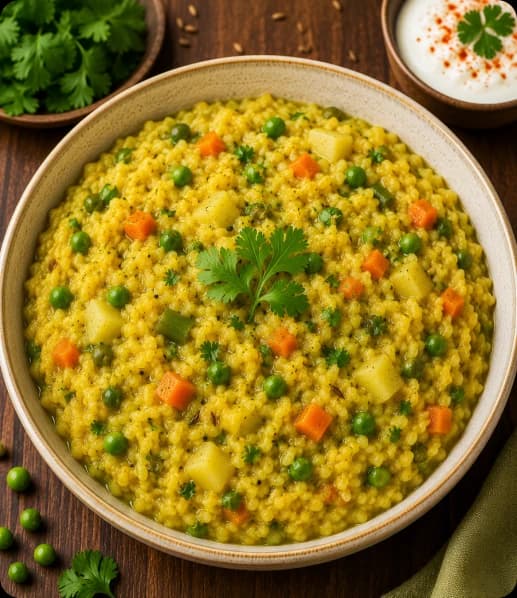 Bowl of Veg Khichdi with rice, lentils, and fresh seasonal vegetables